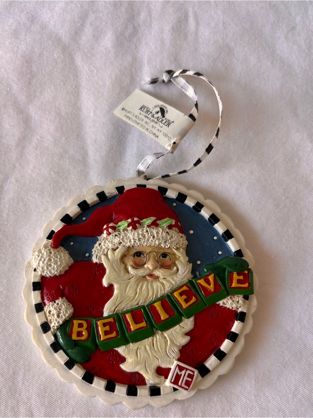 Mary Engelbreit Ornament Santa Believe ceramic 3” Kurt Adler 1998